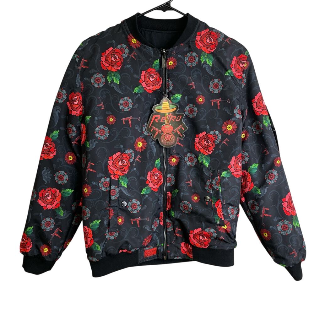Retro Rifle Fiesta Bomber Jacket XS Black Full Zip Reversible Red Floral NWT